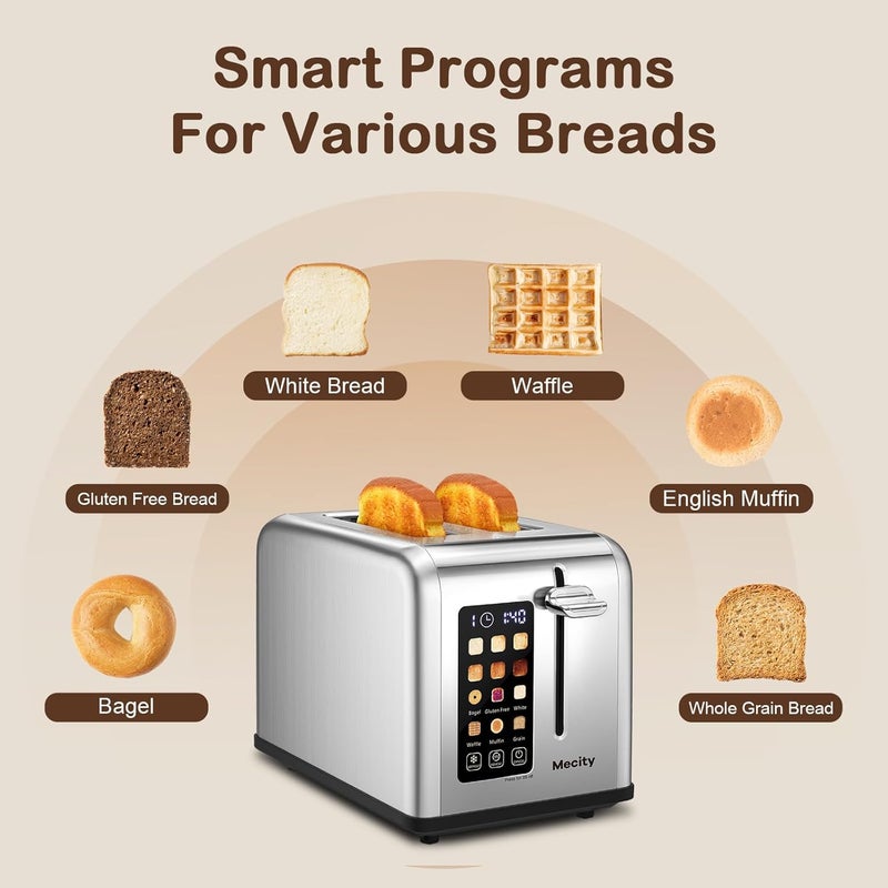 Mecity 2 Slice Toaster Touch Screen 1.5" Wide Slot, Stainless Steel Smart Bread Toaster for Bagel Muffin Waffle Gluten Free Breads, Timer, Defrost, Reheat, 120V 825W - Image 3